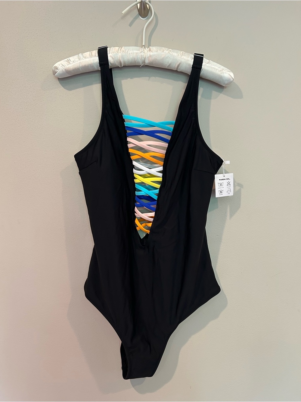 NWT Black One-Piece Swimsuit with Rainbow Lattice front and back. Size Large
